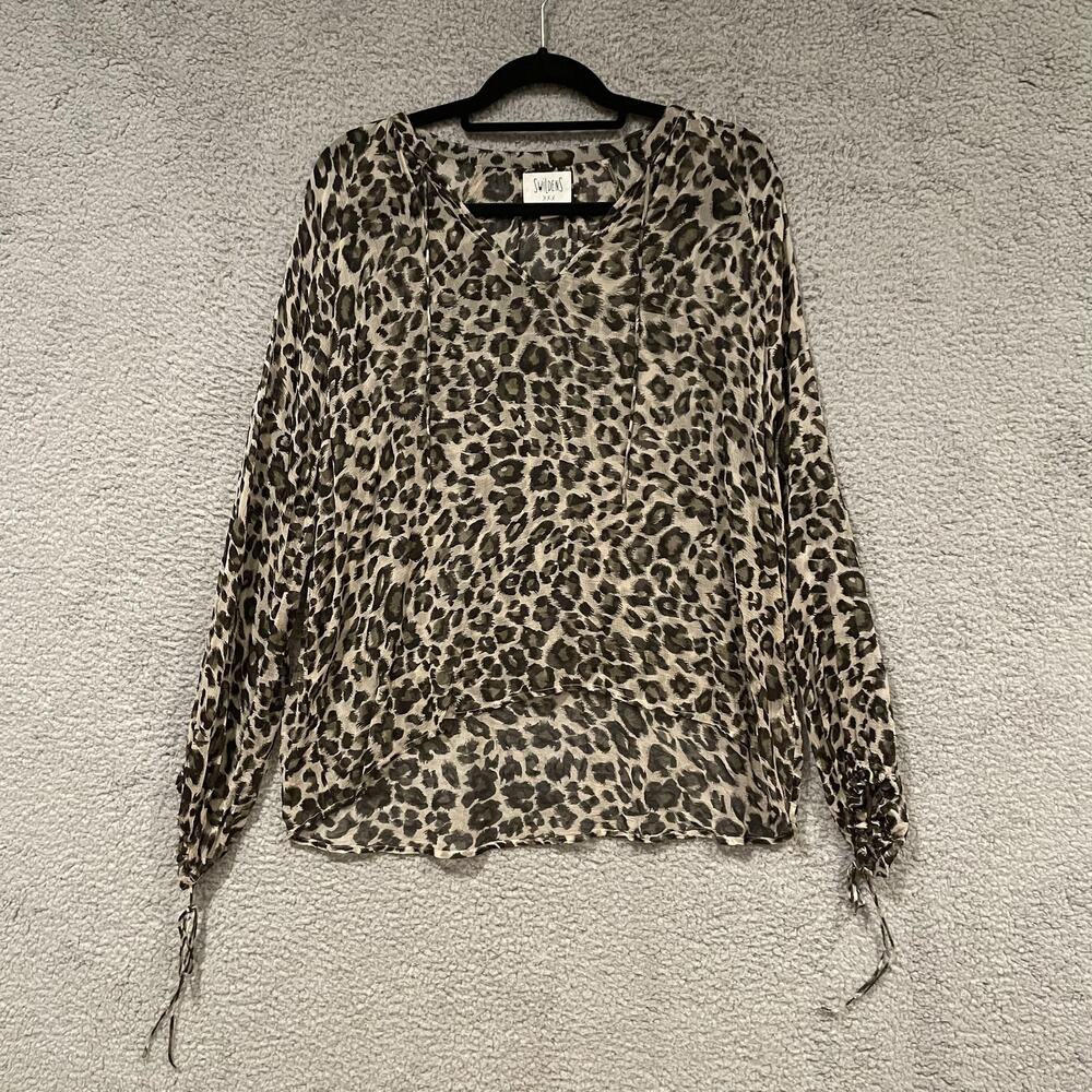 Swildens Blouse Womens 36 Leopard Print Brown Sheer Long Sleeve Tie Cuff Viscose